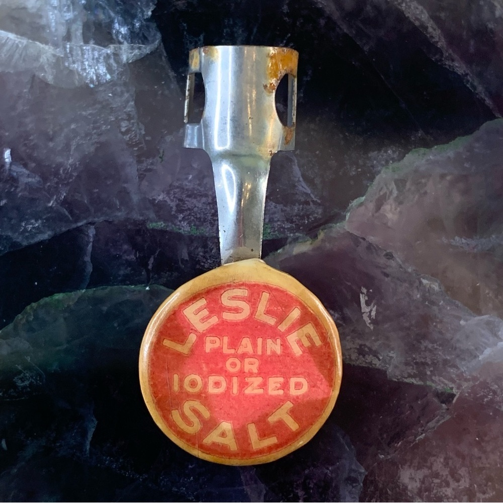Leslie Salt Plain or Iodized Advertising Metal Clip on Pencil Topper 1940s-50s